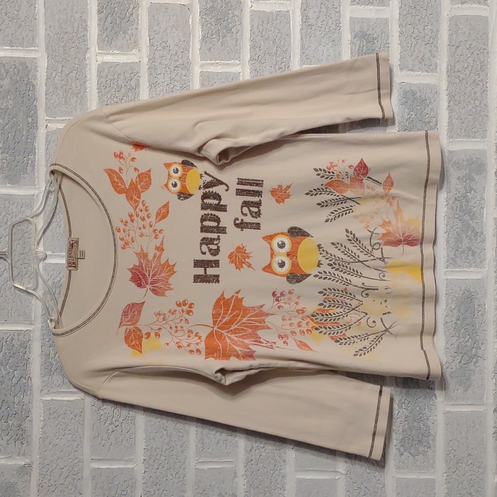 Blue Canyon Women's 100% Cotton Happy Fall Owl 3/4 Sleeve Tan Blouse Size XL